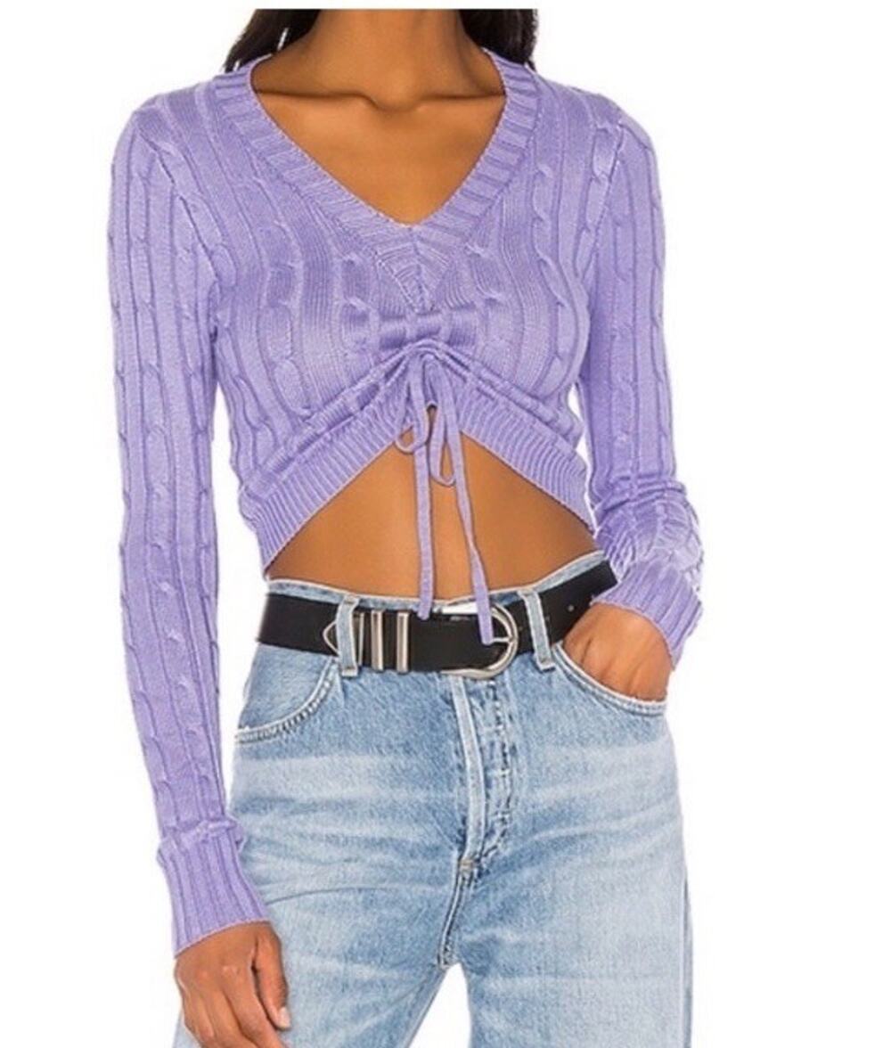 Superdown Revolve Karla Ruched Lilac Cropped Top Ribbed Size XS V-Neck Vixen